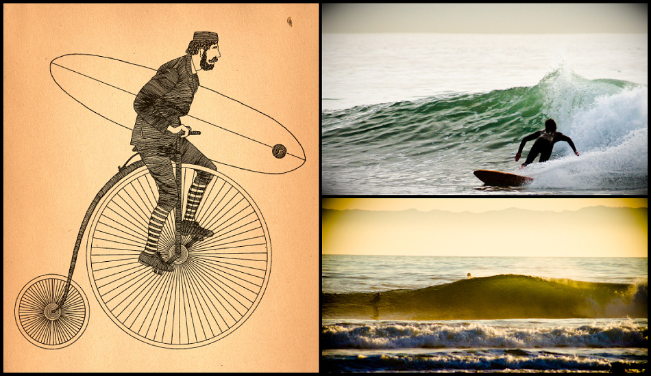 Left: Penny Farthing art for <a href=\"https://www.theryde.com\" target=_blank>The Ryde</a>. A couple of injuries kept me out of the water for most of 2009 so I turned to photography to keep me connected and excited about surfing. That involved daily lunch time sessions at Church (top) and trips up to Rincon (bottom). Time well spent.
