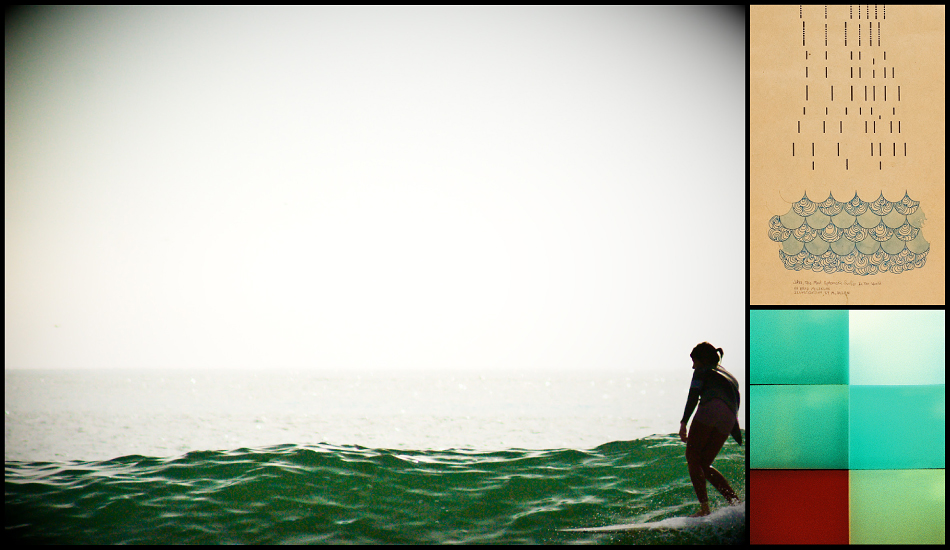 Clockwise from left: Jill Hansen at Church. Pencil, pen and watercolors on an old piano roll for Surfer Magazine. Lomo color study. View more of Matt Allen\'s work at <a href=\"https://www.mattallen.com\" target=_blank>MattAllen.com.</a>