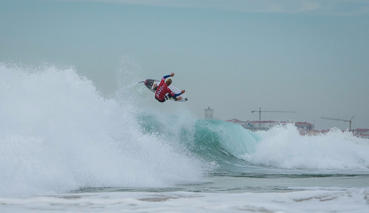 Nat Young of the USA (pictured) winning his Round 1 heat to advance into Round 3 of the Moche Ripcurl Pro Portugal. Photo: <a href=\"https://www.worldsurfleague.com/\">WSL</a>/<a href=\"https://instagram.com/damien_poullenot/\">Damien Poullenot</a>