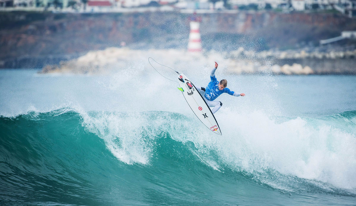Kolohe Andino of USA (pictured) winning his Round 3 at the Moche Ripcurl Pro Portugal. Photo: <a href=\"https://www.worldsurfleague.com/\">WSL</a>/<a href=\"https://instagram.com/damien_poullenot/\">Damien Poullenot</a>