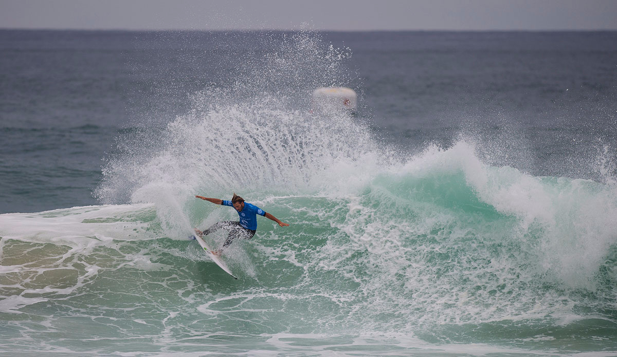Wildcard Frederico Morias of Portugal (pictured) eliminated in Round 3 at the Moche Ripcurl Pro Portugal. Photo: <a href=\"https://www.worldsurfleague.com/\">WSL</a>/<a href=\"https://instagram.com/kirstinscholtz/\">Kirstin Scholtz</a>