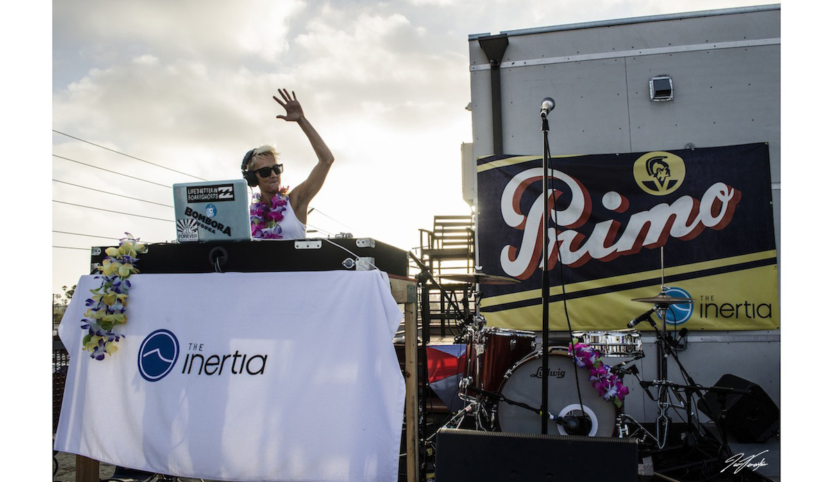 Keala Kennelly, owning the DJ table.
Photo: <a href=\"https://www.danlemaitrephoto.com\"_blank\">Dan LeMaitre</a>