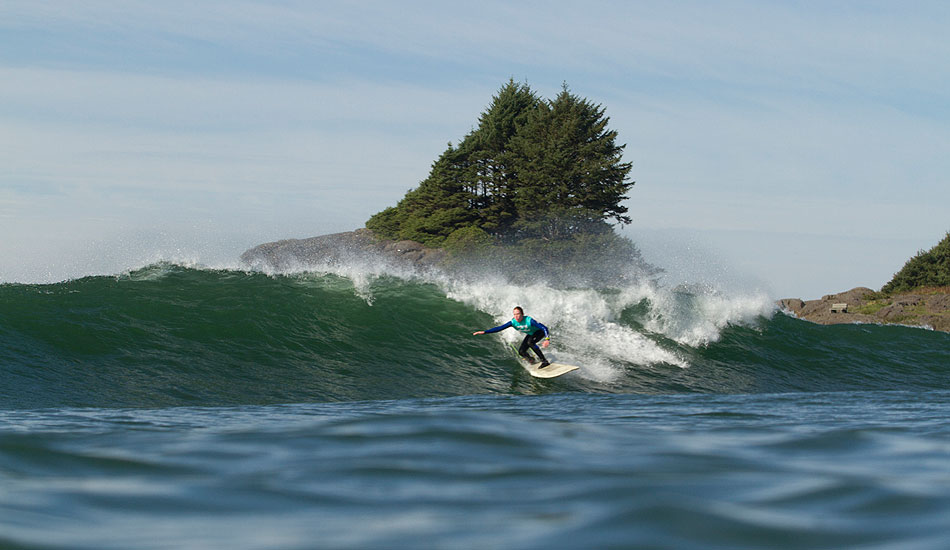 Canadian surfer Leah Oke during a longboard heat at the Queen of the Peak women’s surf championships held in Tofino, B.C. this past weekend. Oke competed in both the longboard and shortboard divisions, and took first place in the longboard. Photo: Kyler Vos