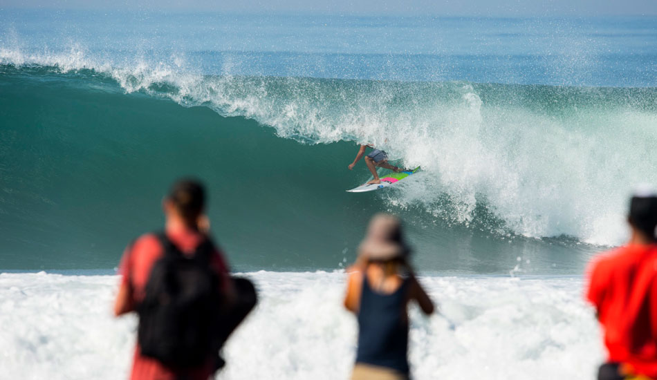 Julian Wilson, current ASP WCT No. 15, survived one of the slower heats of the morning, utilizing superior wave selection and solid surfing to post a win in the dying moments. Photo: Kolesky/Nikon/Lexar