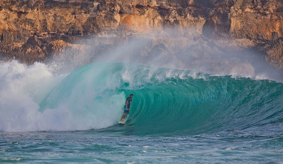 Anthony Walsh later on the same wave standing tall in the barrel. Pacitan, West Java. Photo: <a href=\"https://www.reposarphoto.com\">Jason Reposar</a>
