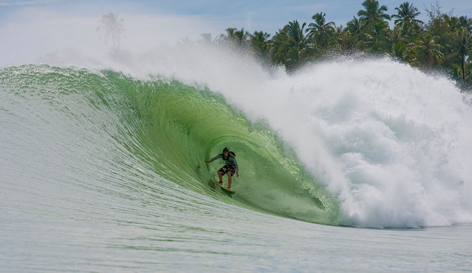 Jamie O’Brien doing some filming and tube riding in Nias, Indonesia. Photo: <a href=\"https://www.reposarphoto.com\">Jason Reposar</a>