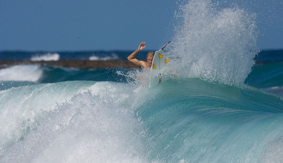 Flynn Novak fins out turn. In between contests in Newcastle, Australia. Photo: <a href=\"https://www.reposarphoto.com\">Jason Reposar</a>
