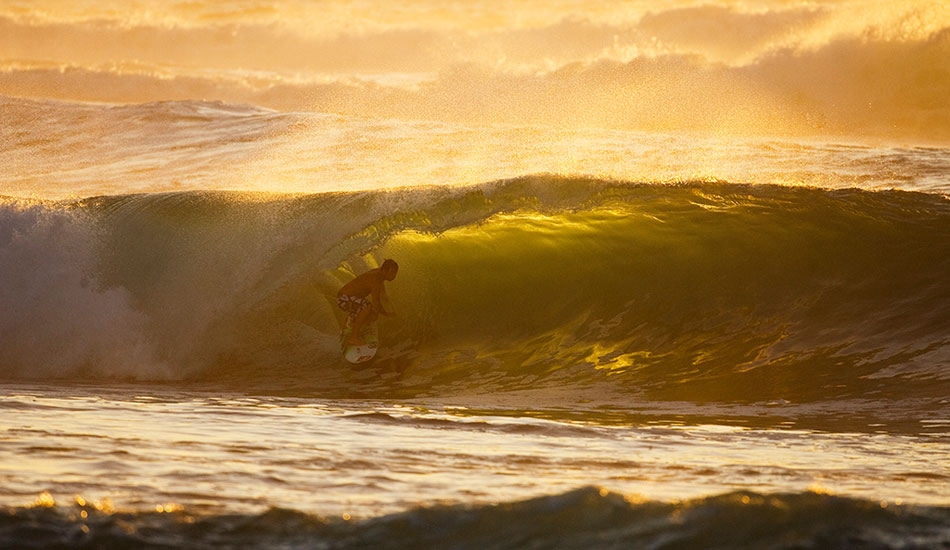 Ry Craike on a small inside one at his home break in late afternoon delight. Lopes, North West Australia. Photo: <a href=\"https://www.reposarphoto.com\">Jason Reposar</a>