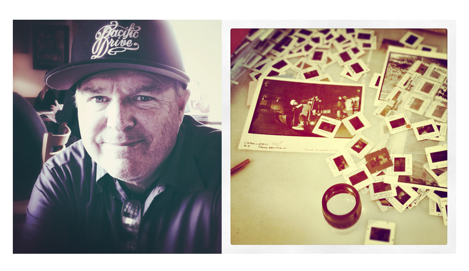 One of Skateboarding\'s master photographers and Instagram fanatic, J Grant Brittian. Two Instagram captures: Grant (L) and his light table (R). Image: <a href=\"https://www.kevinroche.com/\" target=\"_blank\">Roche</a>