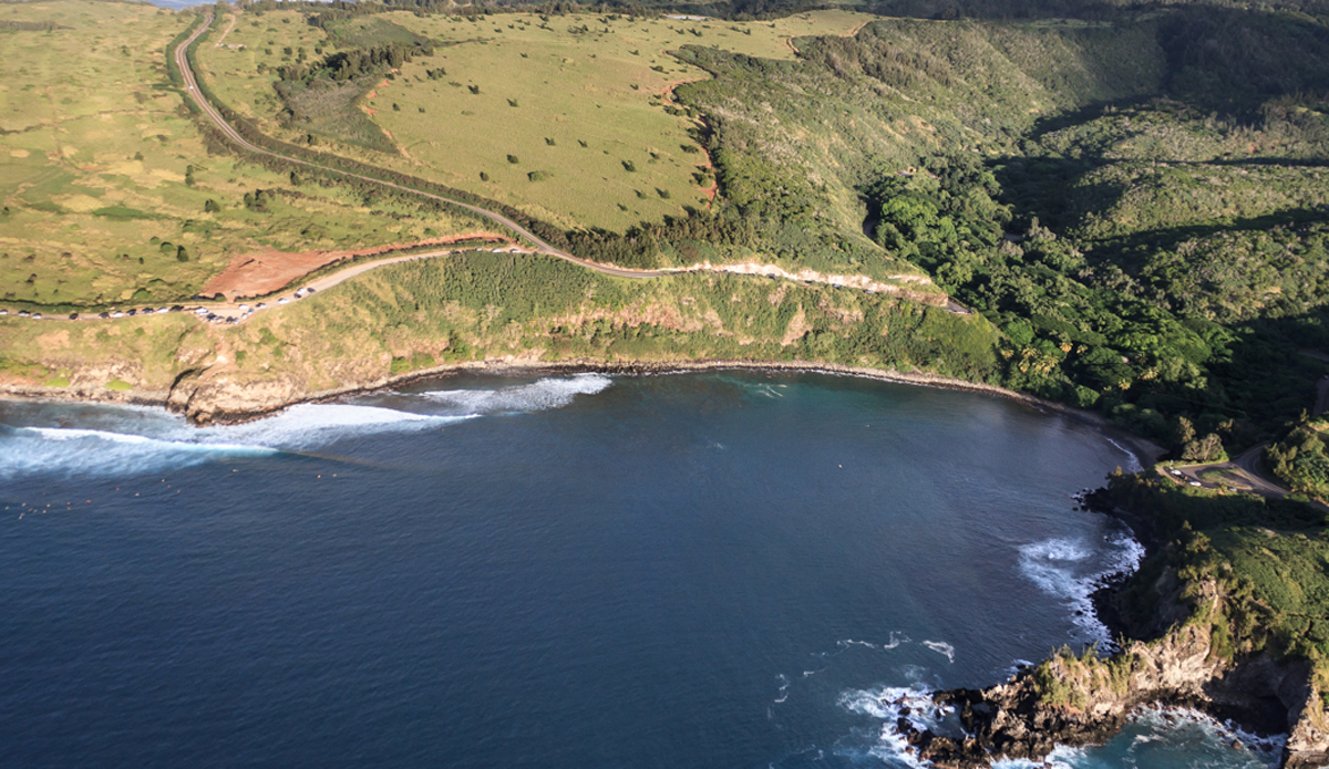 Here\'s an aerial view of the bay. Here you are looking down at the Cave section, a favorite amongst the locals. It\'s the most popular and high performance section of Honolua Bay. This day the swell was more Northerly, as the Bay likes a good NNW. <a href=\"https://www.rookemedia.com\">Tyler Rooke</a>