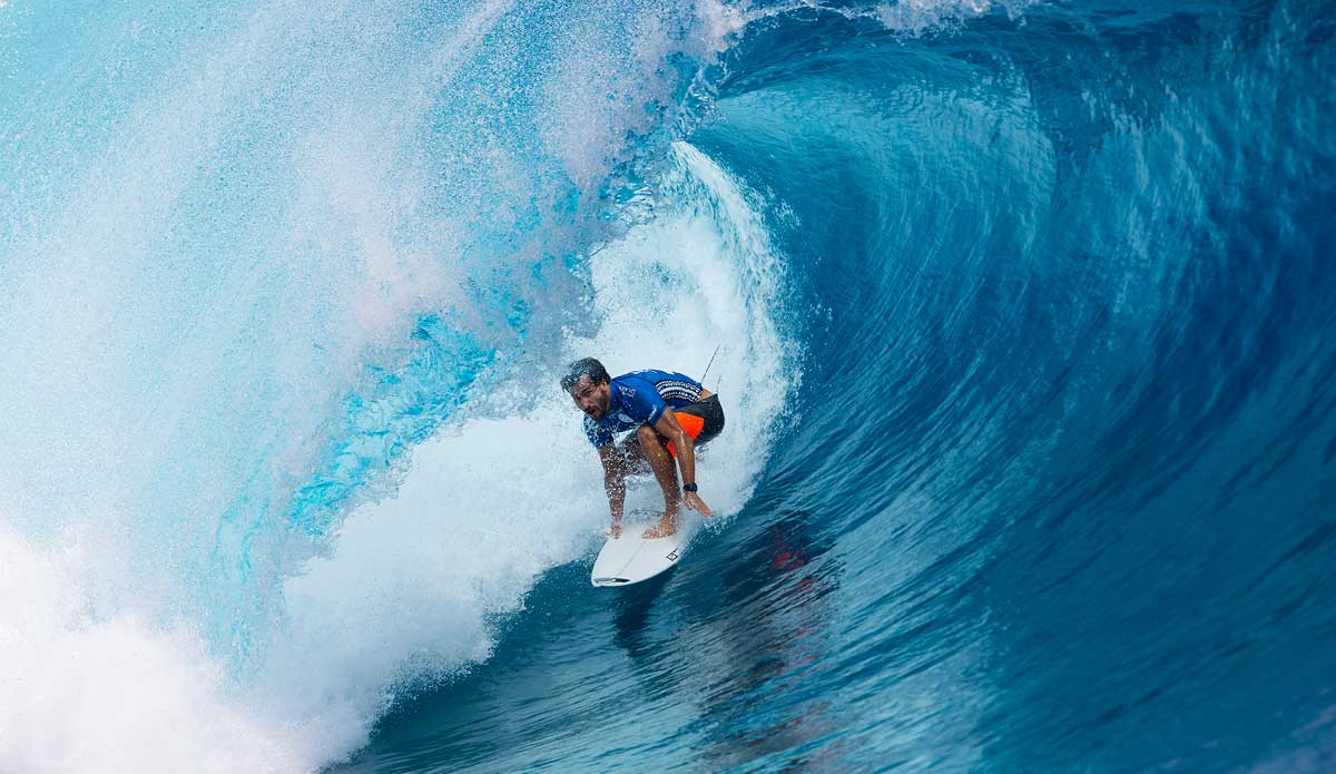  Aritz Aranburu of Spain (pictured) won his Round 2 heat at the Billabong Pro Tahiti on Tuesday August 19, 2014. Aritz scored a near perfect 9.93 (out of a possible ten), narrowly defeating Fred Patacchia Jnr (HAW) with less than a point separating the two surfers. Photo: <a href=\"https://www.aspworldtour.com/\">Kirstin Scholtz</a>
