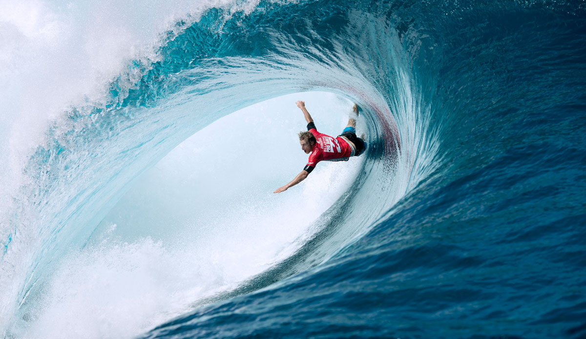 Bede Durbidge (Gold Coast, QLD/AUS) (pictured) won his Round 2 heat at Teahupo\'o during the Billabong Pro Tahiti on Monday August 18, 2014.  Durbidge suffered some heavy wipeouts today and yesterday, but still managed to pull through some heavy barrels to advance into Round 3. Photo: <a href=\"https://www.aspworldtour.com/\">Will H-S</a>