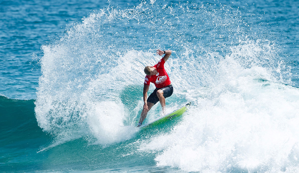 Mick Fanning of Tweed Heads, NSW, Australia (pictured) defeating Dusty Payne (HAW) during Round 3 of the Quiksilver Pro Gold Coast in Australia on Thursday March 12, 2015. Photo: <a href=\"https://www.worldsurfleague.com/\"> WSL</a>/ Cestari