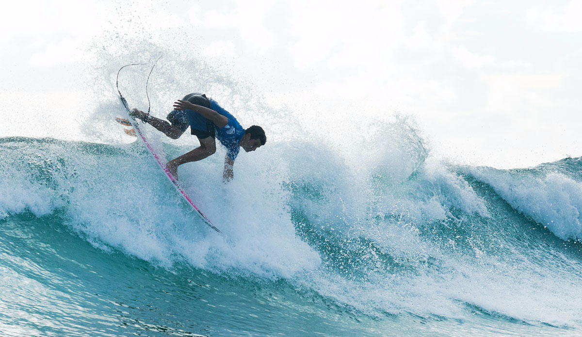 Italo Ferreira of Brasil (pictured) defeating 11-times WSL Champion Kelly Slater (USA) in Round 3 of the Quiksilver Pro Gold Coast in Australia on Thursday March 12, 2015. Photo: <a href=\"https://www.worldsurfleague.com/\"> WSL</a>/ Cestari