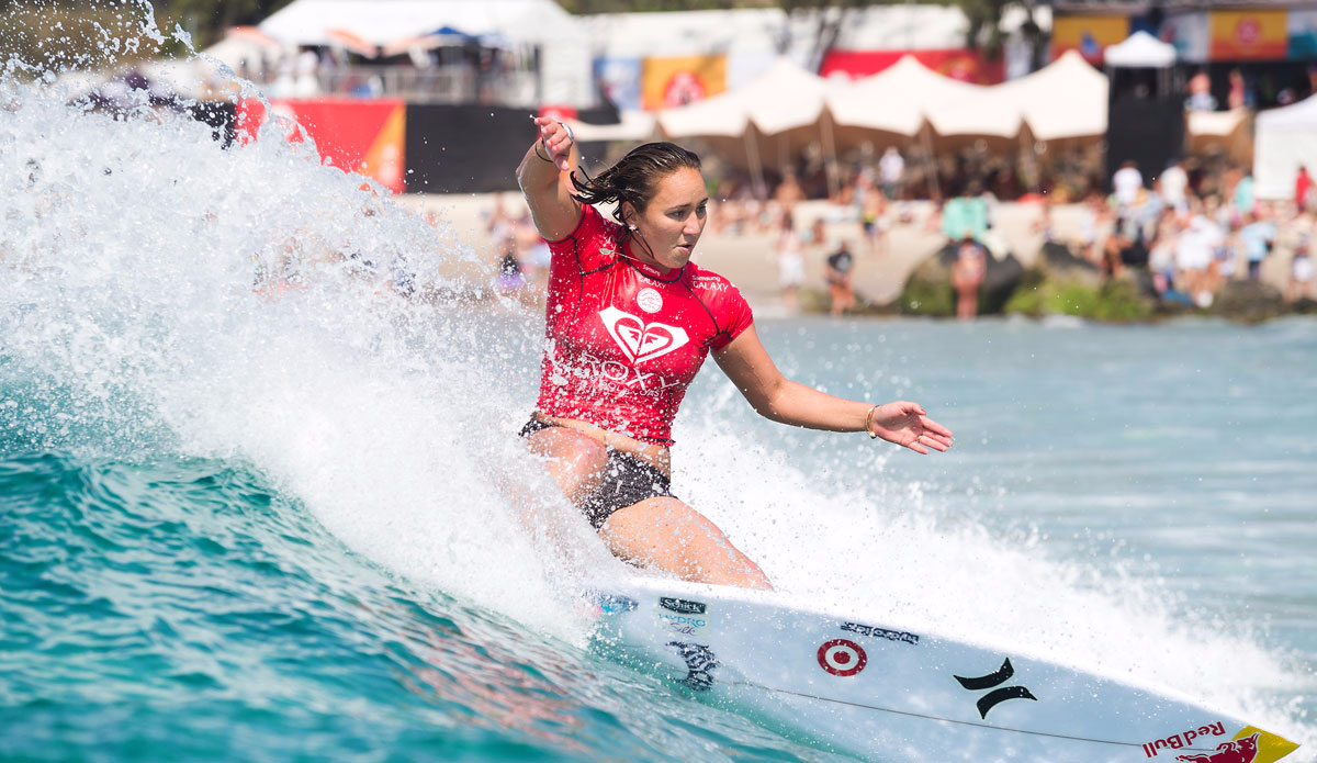 Carissa Moore, showing sponsors. Photo: WSL/Cestari