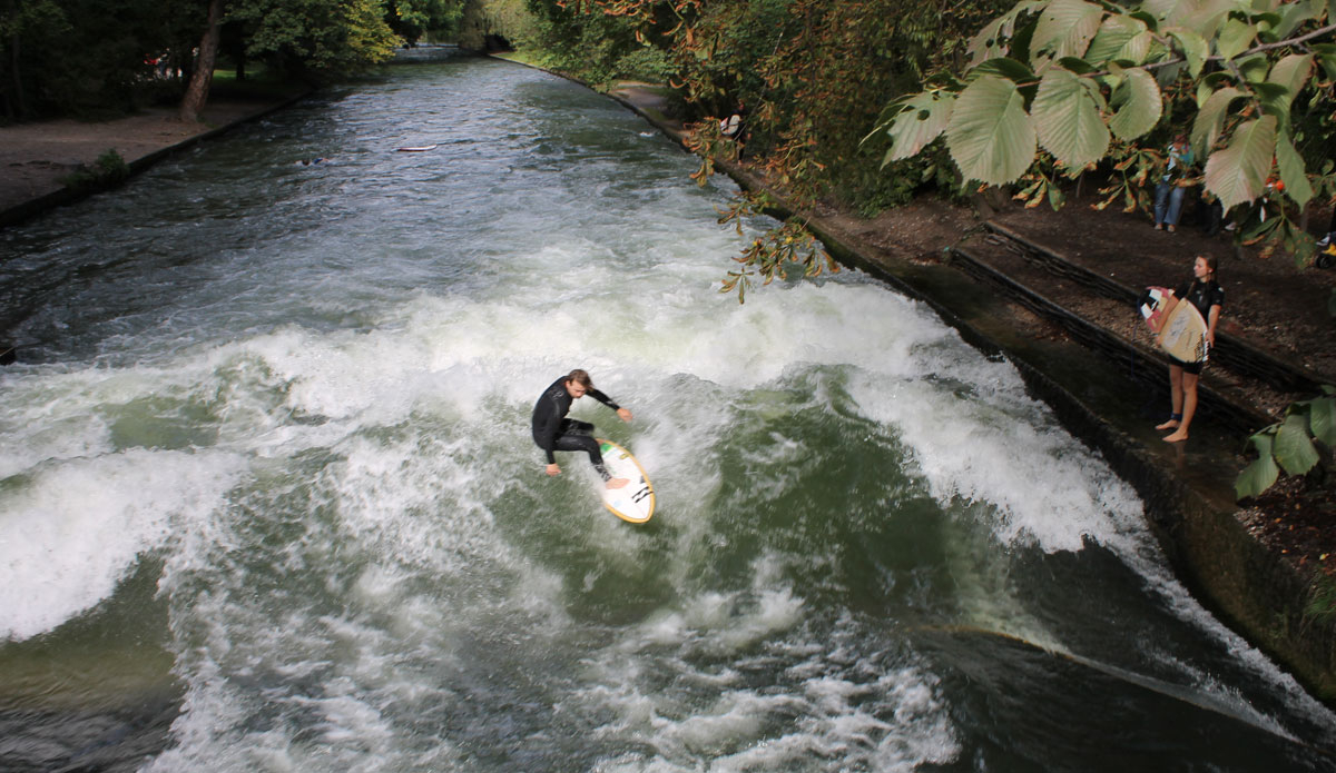 The famous Eisbach river wave. This was a lot harder than I thought it would be. Also didn’t help the European river surfing champion was there.  Photo: <a href=\"https://www.ryanwattersphoto.com/\">Ryan Watters</a>
