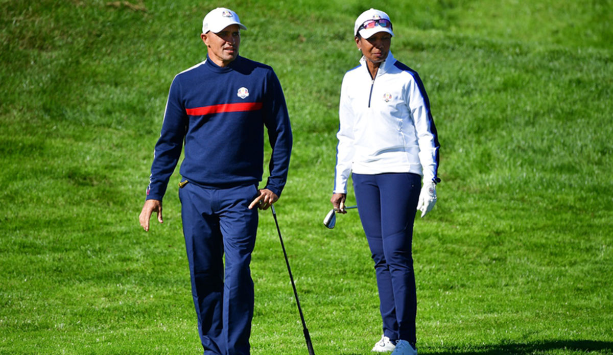 Kelly Slater and Condoleezza Rice paired up. Image: Darren Carroll/PGA of America/Ryder Cup