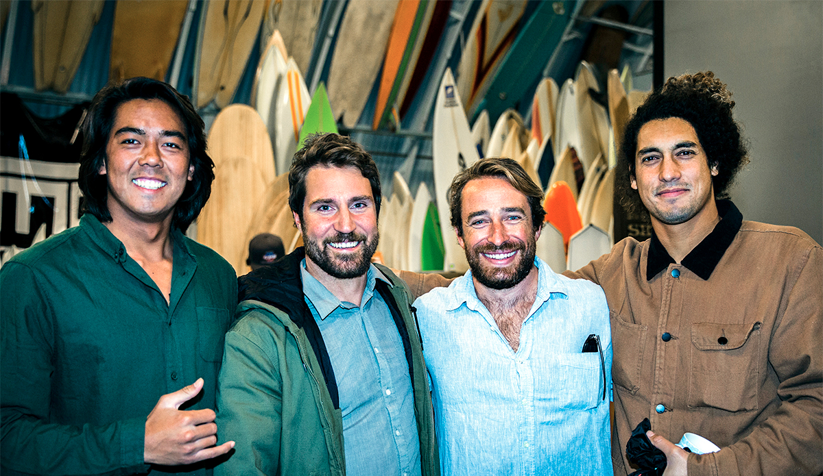 Filmmaker Jensen Young Sik (far left) and surfer Cliff Kapono (far right) attend the screening of their film \"WATU\" with Save the Waves Executive Director Nik Strong-Cvetich and Film Festival Director Trey Highton. Photo: Noah Sparkman