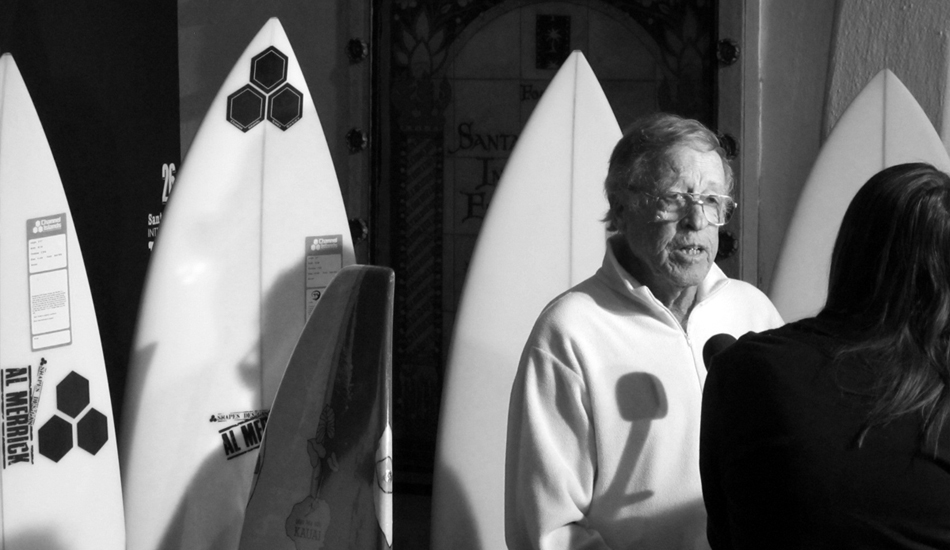 The grandfather of modern surf cinema: Bruce Brown. Photo: <a href=\"https://www.mattbauerdesign.com\" target=_blank>Bauer