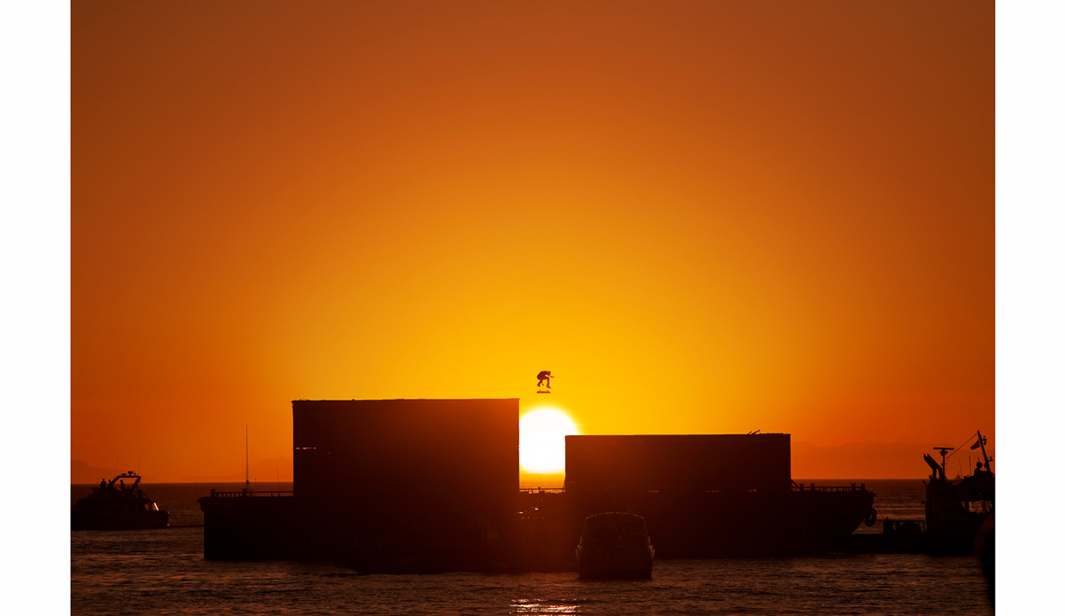 Late evening at English Bay, thousands of spectators watched Ryan Decenzo nollie flip over this barge gap. British Columbia. Photo: <a href=\"https://scottserfas.com/\">Scott Serfas</a>