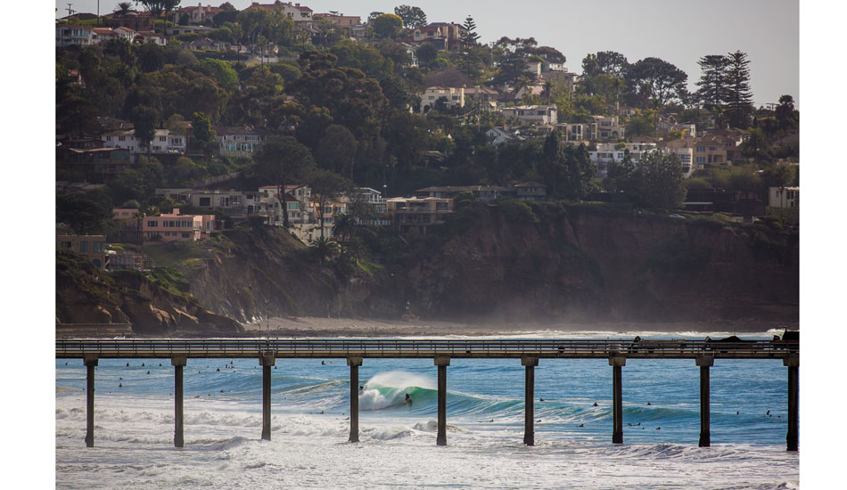  Looking south through the Scripps Pier with Mt. Soledad in the background. John Haffey, slotted. Photo: <a href=\"http://anthonyghigliaprints.com\">Anthony Ghiglia</a>