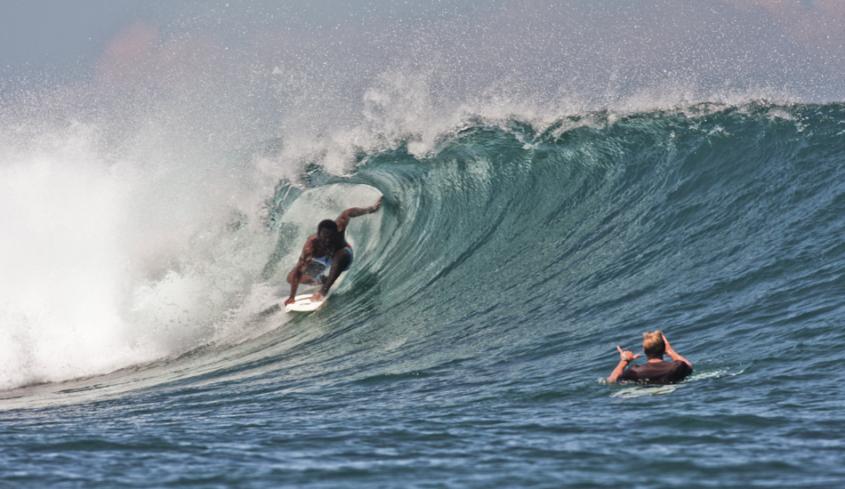 Isei Tokovu, one of Fiji’s stand out surfers, shares a moment at Cloudbreak with long time friend, John Maher. Photo: Brody/<a href=\"https://www.surfresource.org/\" target=_blank>SurfResource.org</a>