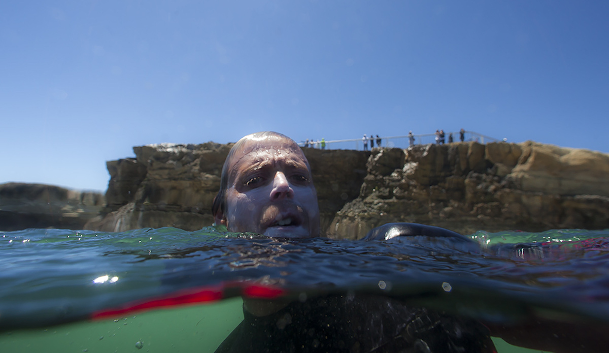 Swimming off the cliffs of Santa Cruz is time bent.  In the world of air and human surfers, a cultured life of existence is clear, but when the sets come and life goes to the under space, a prehistoric  time presence becomes a collective mess of oneness that is to be rejoiced in. Photo: Sean Ruttkay