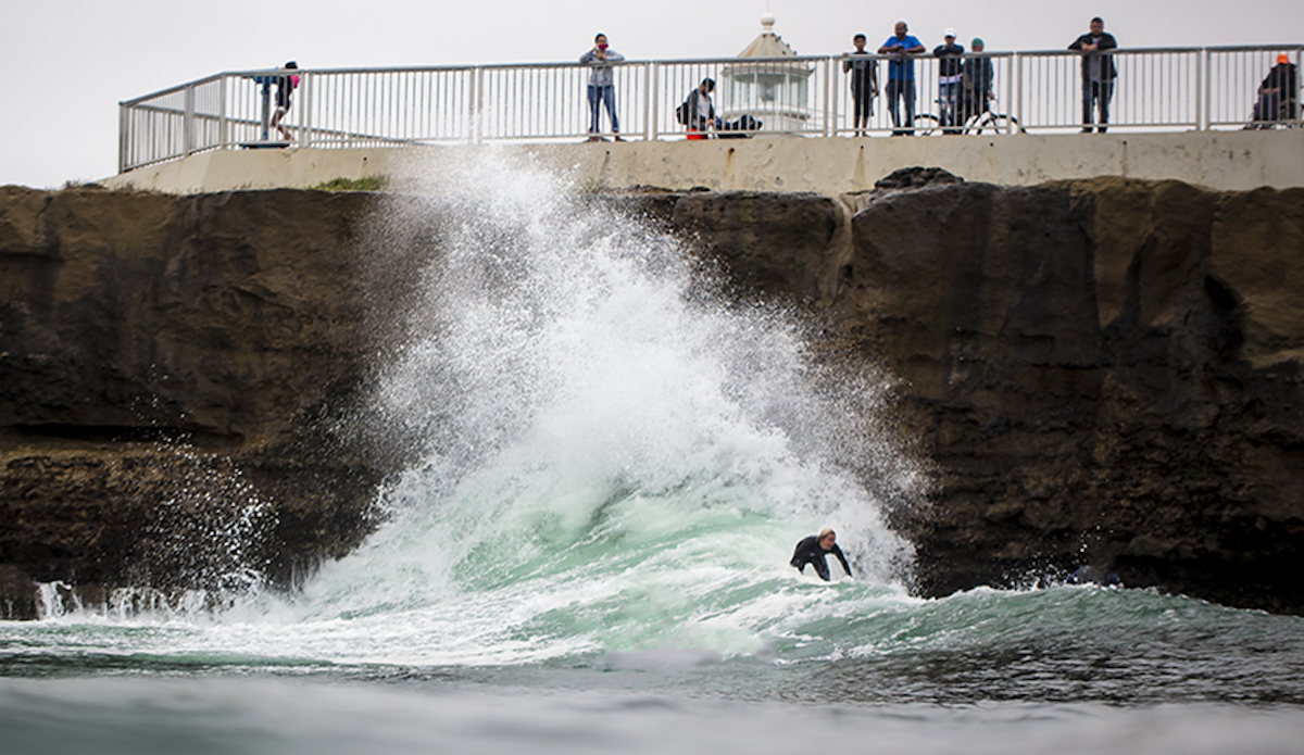 As the sets roll down \'Steamer Lane\' the thundering roar of moving water slamming vertical rock shakes all but the traveling surfing. Photo: Sean Ruttkay