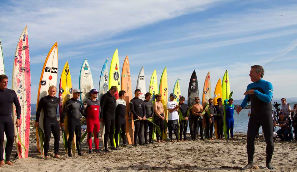 Contest director Jeff Clark introducing this years surfers. Photo: <a href=\"http://instagram.com/migdailphoto\"> Seth Migdail</a>