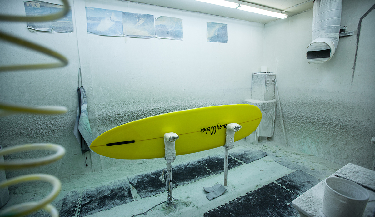 A Dewey Weber surfboard in the polishing room at the Watermans Guild, Santa Ana, CA.  Photo: Sheldon Magner