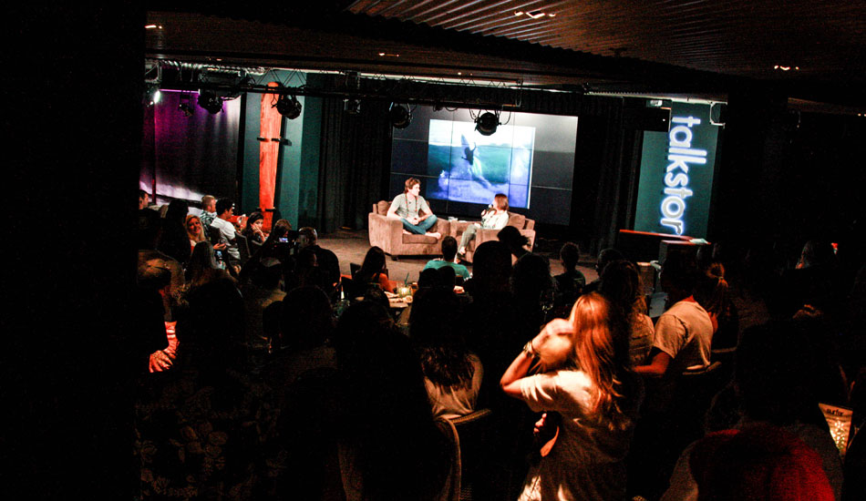 The night was filled with stories of Greg\'s life and the story we told of Greg\'s true love: big wave surfing. The room full of people enjoyed what they came for. Photo: Haro