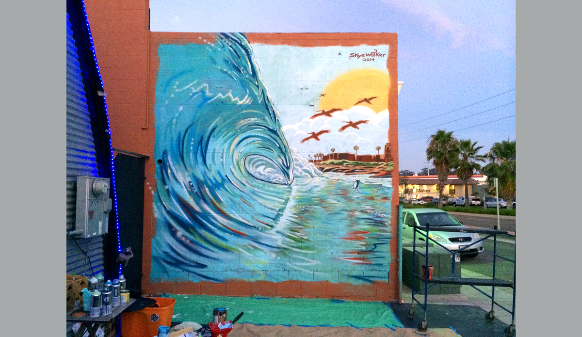 Birds Surf Shed,
San Diego, CA,
Spray paint and latex paint, 17’ x 14’ Photo: <a href=\"https://www.skyewalkerart.com/\">Skye Walker</a>