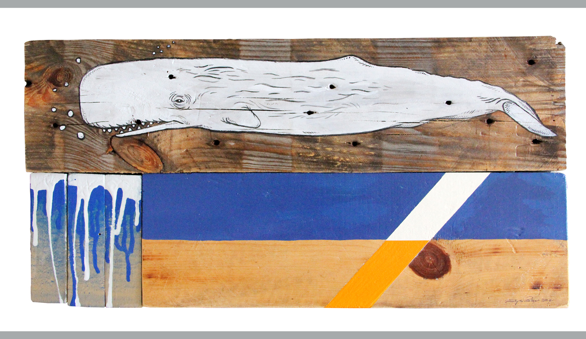 Moby, Mixed media on wood, 14\'\'  6\'\' Photo: <a href=\"https://www.skyewalkerart.com/\">Skye Walker</a>