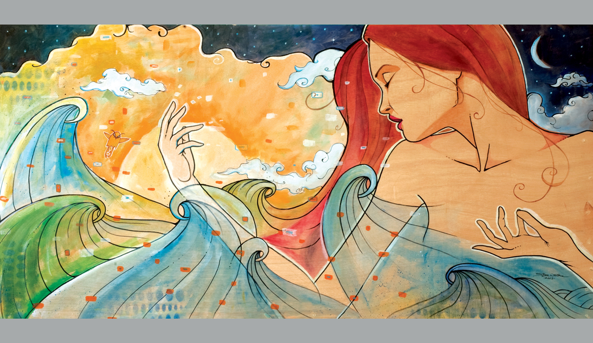 Remember California, Mixed media on wood, 24\'\' x 36\'\' Photo: <a href=\"https://www.skyewalkerart.com/\">Skye Walker</a>