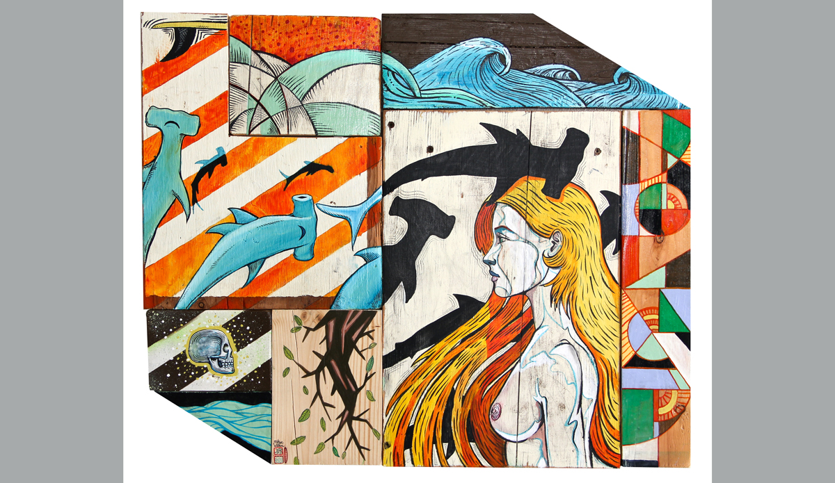 Transmarine, Mixed media on reclaimed wood, 24\'\' x 15\'\' Photo: <a href=\"https://www.skyewalkerart.com/\">Skye Walker</a>