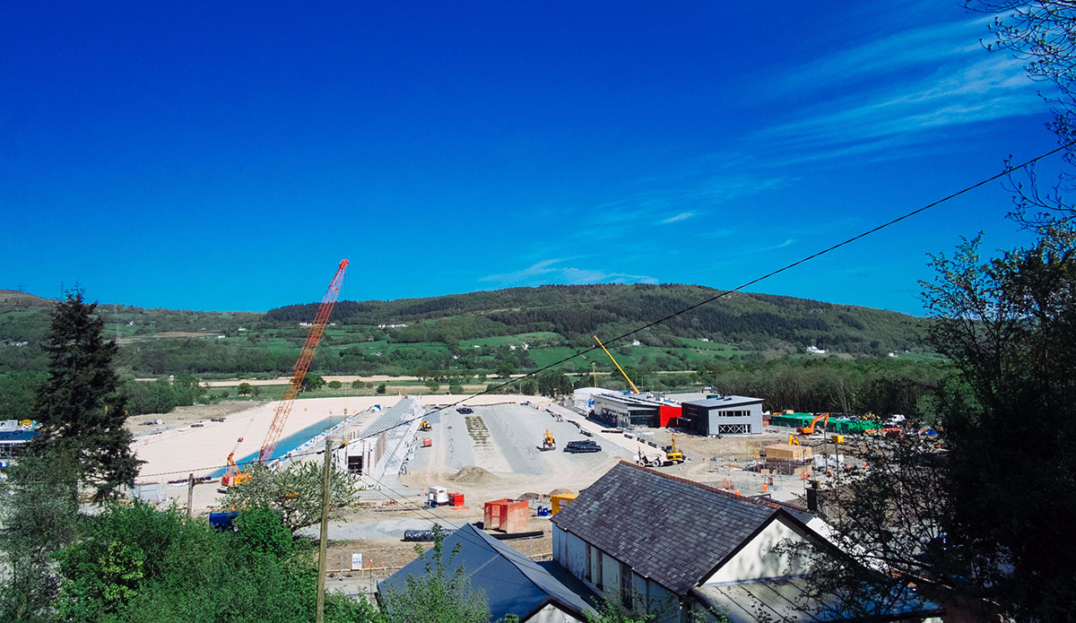 A scenic shot of Surf Snowdonia, currently under construction, shows the park\'s picturesque setting. Photo: Surf Snowdonia