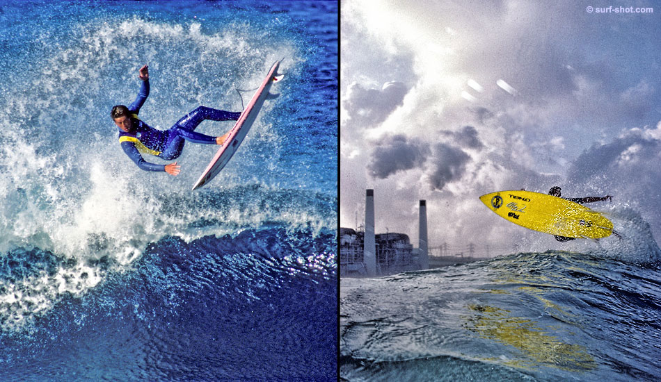 Shapes of things to come:  Ted Robinson and the late Ron Quigley in the 1980s. Photo: <a href=\"https://www.surf-shot.com\" target=_blank>Surf-Shot.com</a>