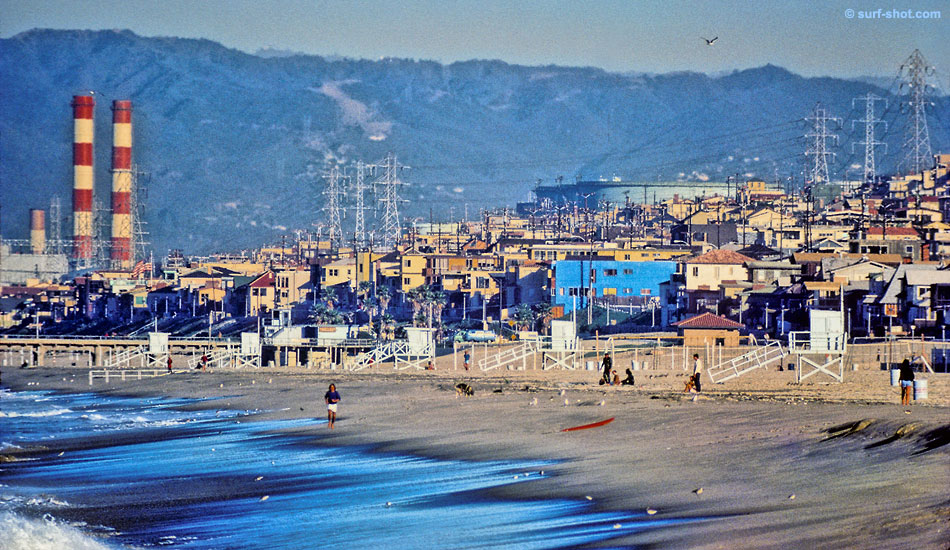 Smokestacks and sand. Hermosa and Manhattan Beach. Photo: <a href=\"https://www.surf-shot.com\" target=_blank>Surf-Shot.com</a>