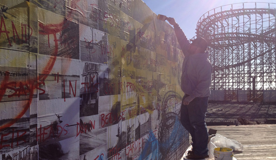 Starting to build on the color - 
An important detail of this mural for me was to paint it out on the boardwalk near the ocean. It wasn\'t an ideal setting, but it was important to be surrounded by the elements of a Mid Atlantic winter while creating this piece