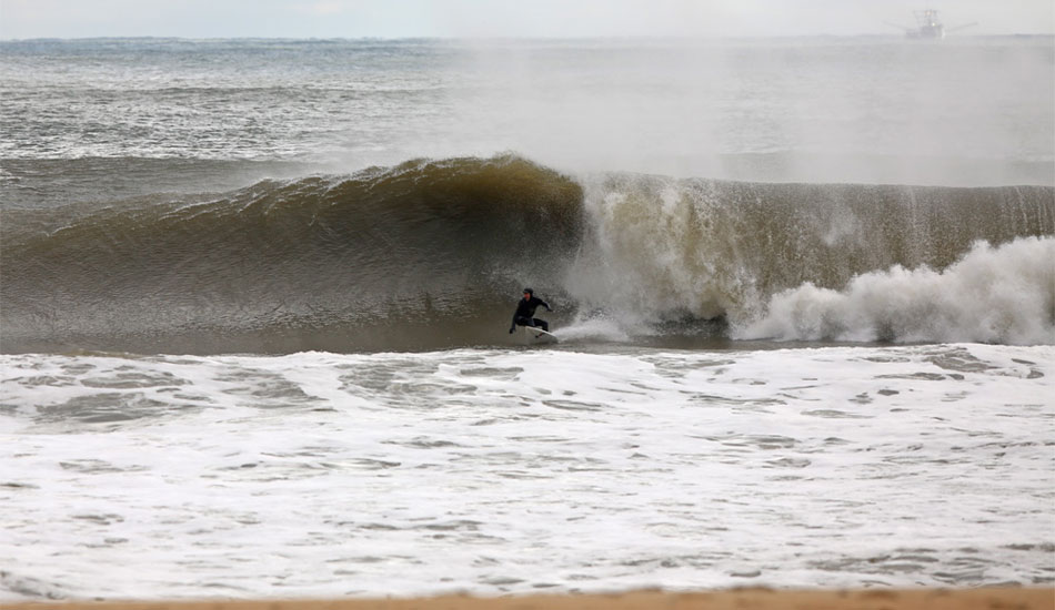 Monmouth County standout, Nick Menditto, digging his rail in on a bottom turn. Second sandbar roll-ins in NJ? Photo: <a href=\"https://www.rozbernsurf.com\":> Kevin Strickland</a>