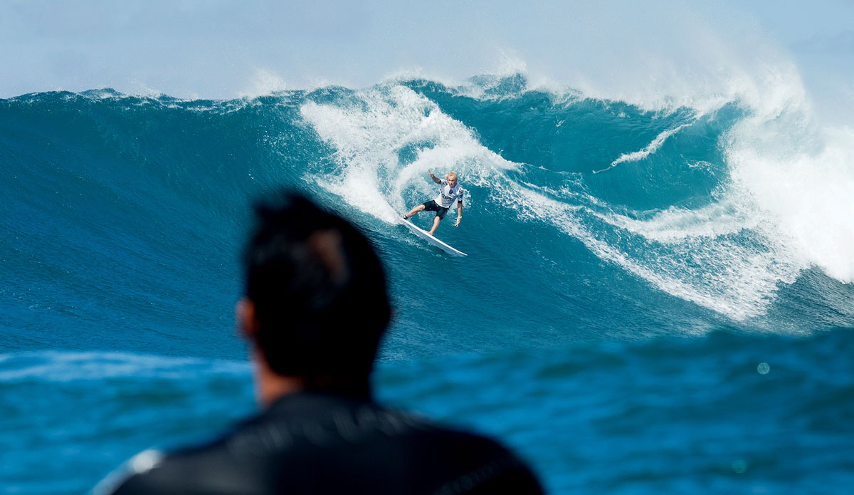 Garrett Parkes of Suffolk Park, NSW, Australia (pictured) surfing during the Semifinals as the jet ski driver watches at the Vans World Cup of Surfing on Friday December 5, 2014. Parkes placed equal 7th overall. Photo: ASP / Cestari