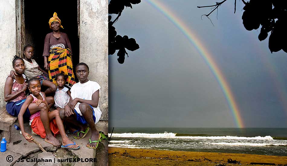 Liberia. Local family in Robertsport and a huge rainbow over the end section of one of Africa\'s best point break setups. Photo: John Seaton Callahan/surfEXPLORE
