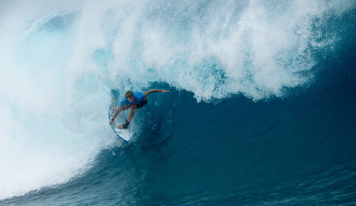 John John Florence of Hawaii (pictured) winning his Round 1 heat of the Billabong Pro Tahiti, posting a near perfect 9.03. Photo: <a href=\"https://www.worldsurfleague.com/\">WSL</a>/Robertson