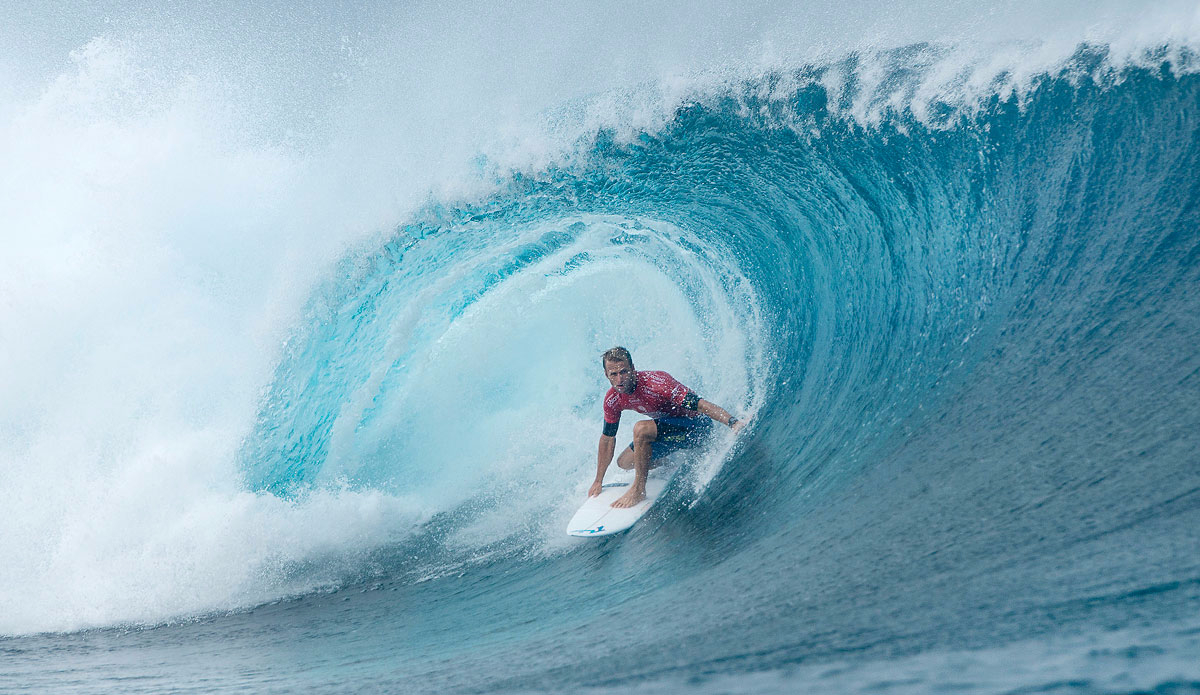 Josh Kerr winning his Round 1 heat of the Billabong Pro Tahiti, posting a near perfect 9.63 (out of a possible ten point ride) to advance into Round 3 at Teahupo\'o. Photo: <a href=\"https://www.worldsurfleague.com/\">WSL</a>/Robertson