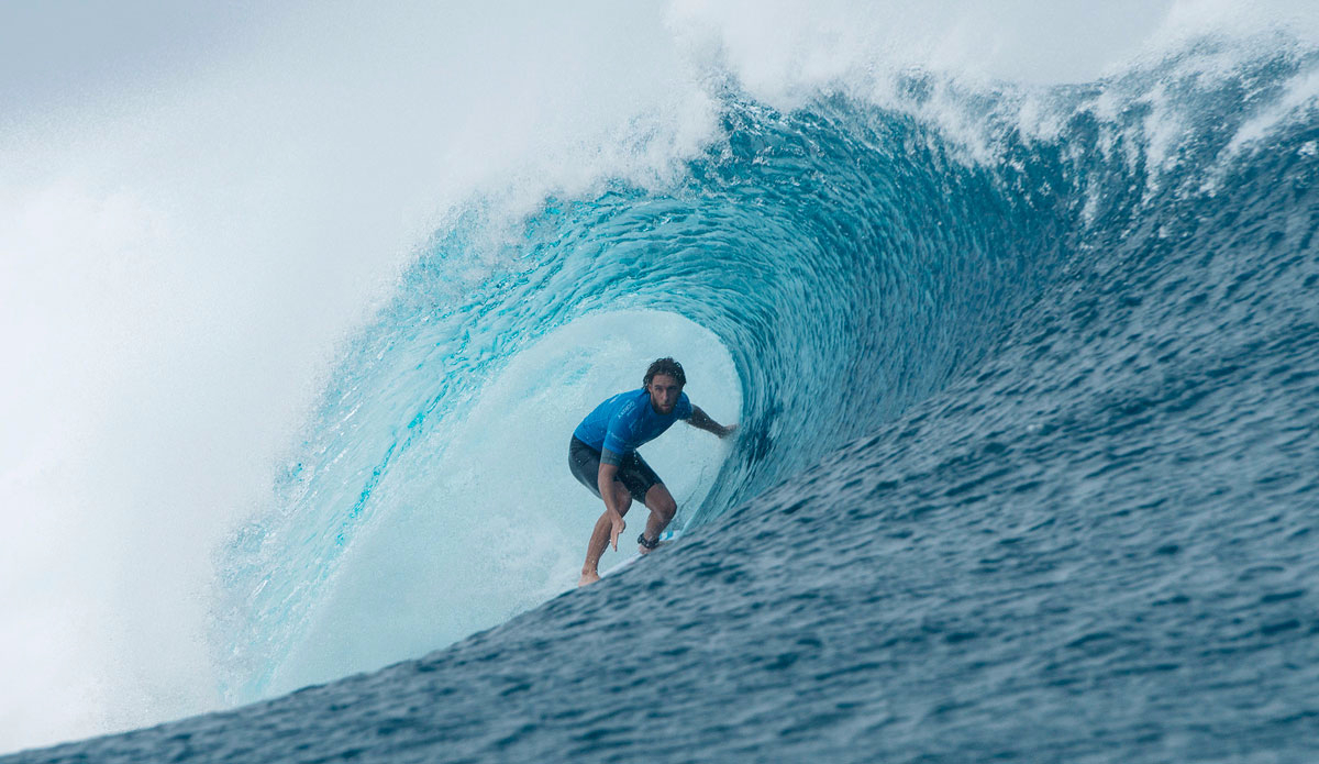 Matt Wilkinson of Australia (pictured) winning his Round 2 heat at the Billabong Pro Tahiti to advance safely into Round 3 at Teahupo\'o. Photo: <a href=\"https://www.worldsurfleague.com/\">WSL</a>/Robertson