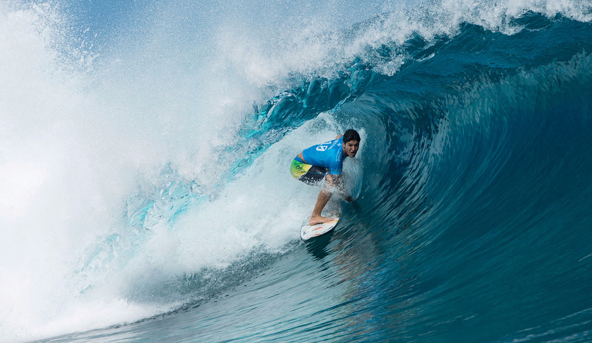 Gabriel Medina of Brasil (pictured) producing an almost flawless performance scoring 19.00 (out of 20.00) two wave heat score to win his Round 3 heat at the Billabong Pro Tahiti in Teahupoo. Photo: <a href=\"https://www.worldsurfleague.com/\">WSL</a>/Robertson
