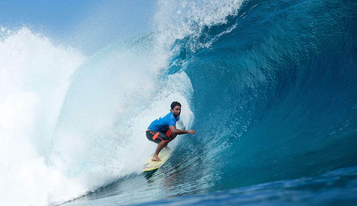 Bruno Santos of Brasil (pictured) advanced in to Round 4 of Billabong Pro Tahiti in Teahupoo after defeating current WSL Jeep Leaderboard ratings leader Adriano de Souza. Photo: <a href=\"https://www.worldsurfleague.com/\">WSL</a>/<a href=\"https://instagram.com/kc80/\">Cestari</a>