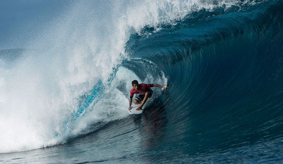 Filipe Toledo of Brasil (pictured)winning his Round 3 heat with a pair of excellence scoring rides at the Billabong Pro Tahiti. Photo: <a href=\"https://www.worldsurfleague.com/\">WSL</a>/Robertson