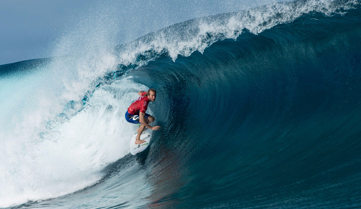 Owen Wright of South Coast, NSW, Australia (pictured) winning his Round 3 heat with a near perfect 9-point ride to advance into Round 4 of the Billabong Pro Tahiti. Photo: <a href=\"https://www.worldsurfleague.com/\">WSL</a>/Robertson