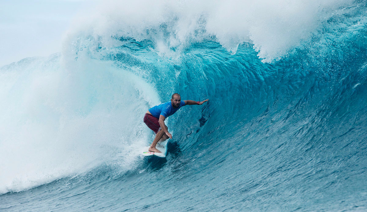 CJ Hobood of Florida, USA (pictured) posting a Perfect 10 point ride during Round 3 of the Billabong Pro Tahiti advancing in first place into round 4 at Teahupo\'o. Photo: <a href=\"https://www.worldsurfleague.com/\">WSL</a>/Robertson